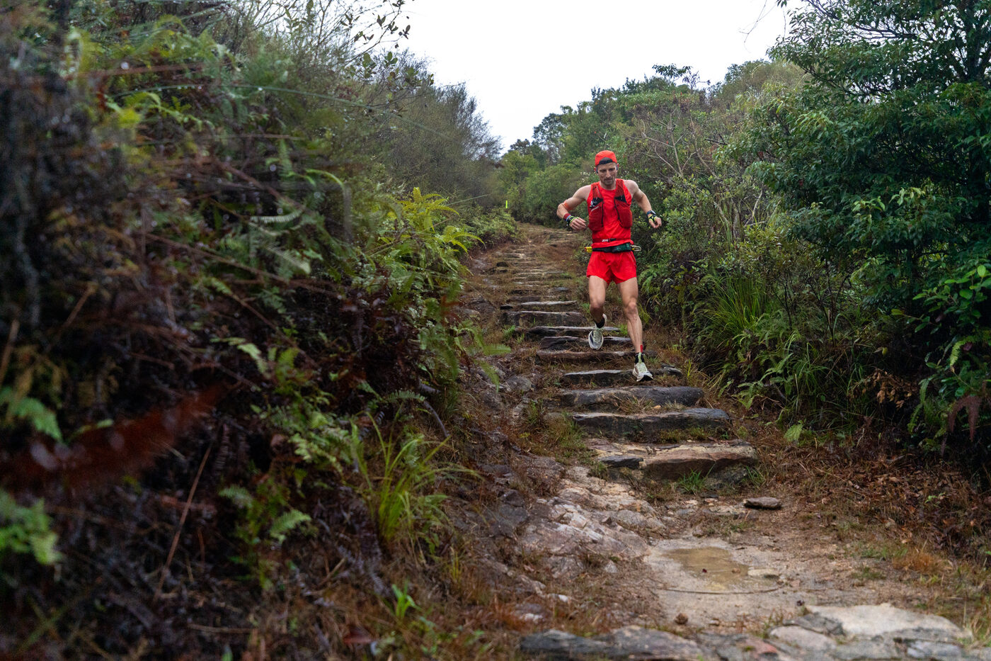 Runner in red climbing stone steps through the green