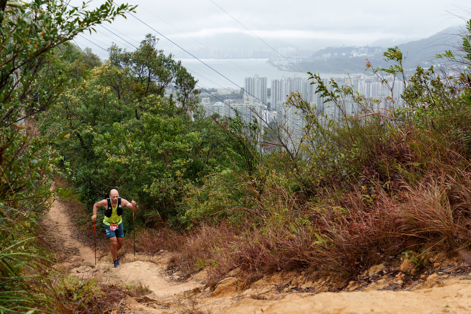Runner on a dirt trail with the harbour beyond