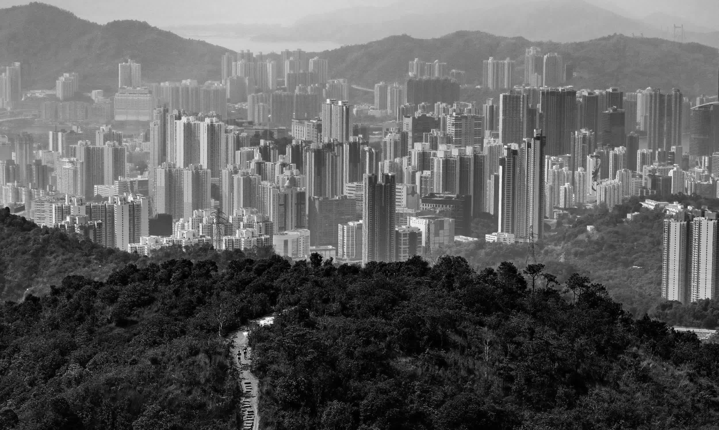 Runners on a ridge trail above the Kowloon skyline, the eight hills sprawling behind
